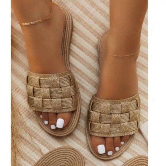 Sole Jealous Shoes - Gold Espadrille Basketweave Slides
